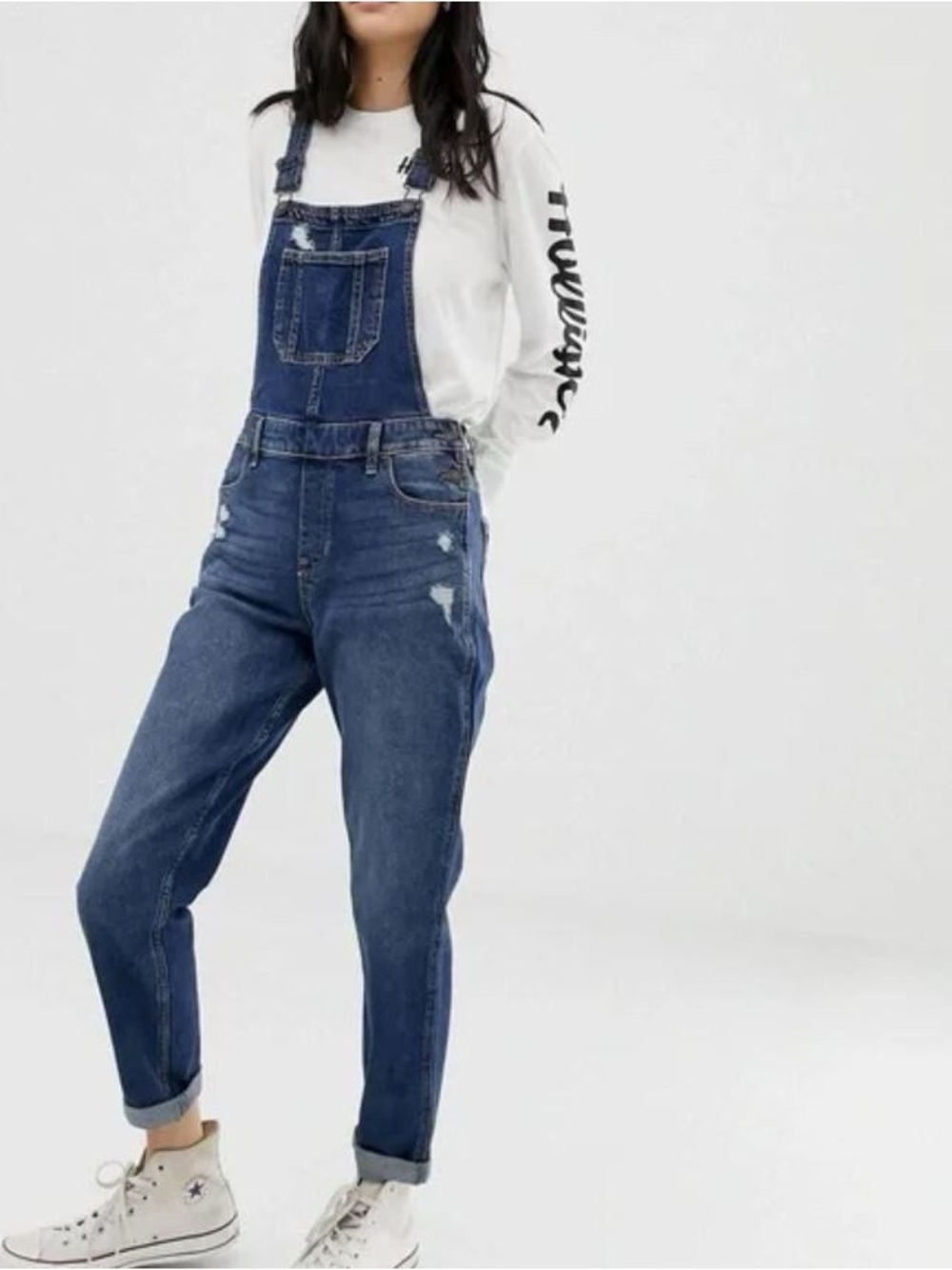 Hollister Co. high rise crop boyfriend overall Blue denim distressed